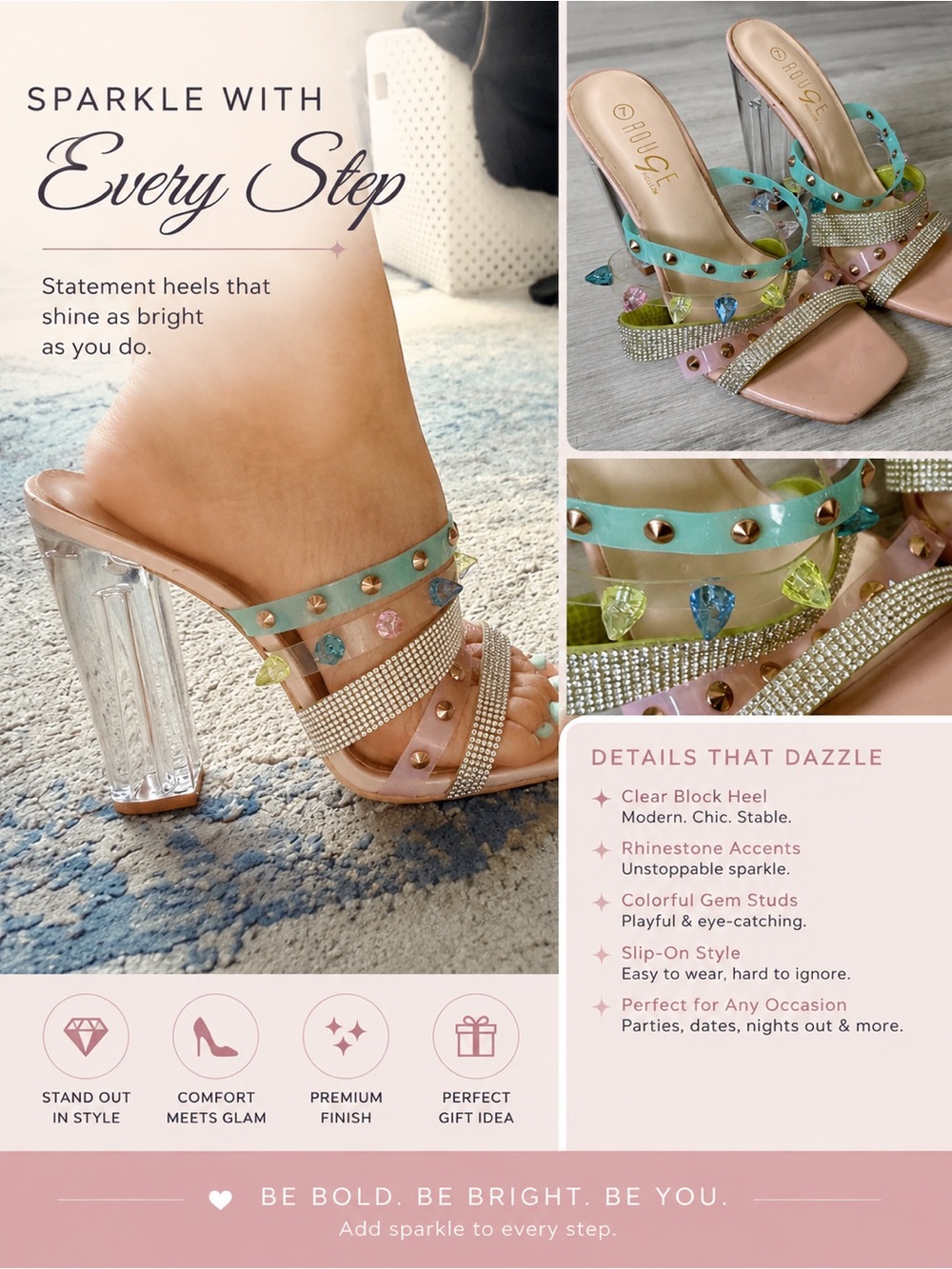 Rouge Helium Pastel Gem Stud Clear Block Heel Sandal